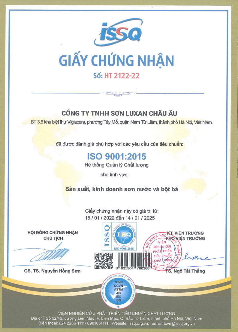 giấy chứng nhận hợp chuẩn thể hiện chất lượng chấp châu âu của Luxan