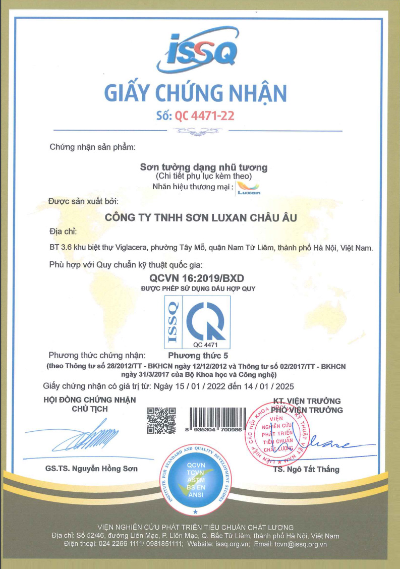 giấy chứng nhận sản phẩm của luxan