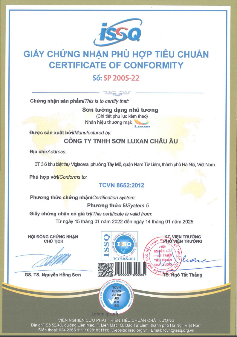 giấy chứng nhận hợp chuẩn về chất lượng sản phẩm của luxan
